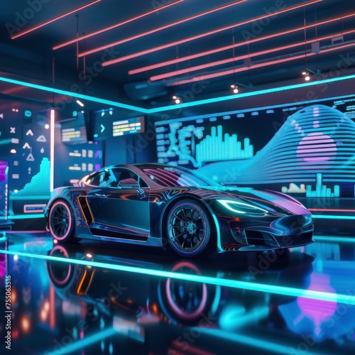 Futuristic lab with a fusion of technology and finance neon graphs floating above devices reflecting off a sleek car surface © Aoridea