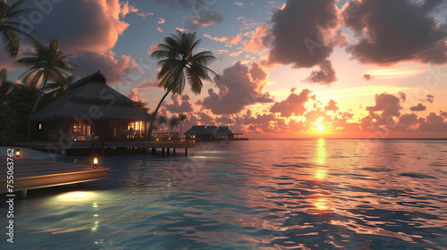 Wooden houses on the water on a beautiful island with a palm tree at sunset © Taisiia