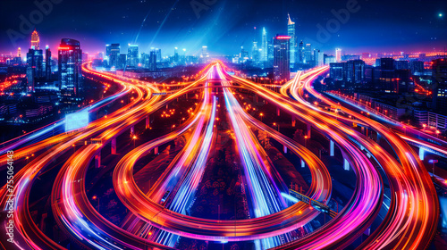 Night Road Traffic in Urban City, Fast Movement and Transportation, Cityscape with Light Trails and Architecture