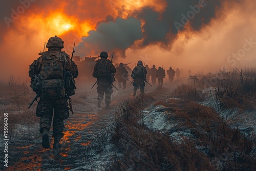 In the heart of conflict, military troops bravely face the frontline of war, their unwavering resolve and commitment driving them forward as they engage in combat against enemy forces