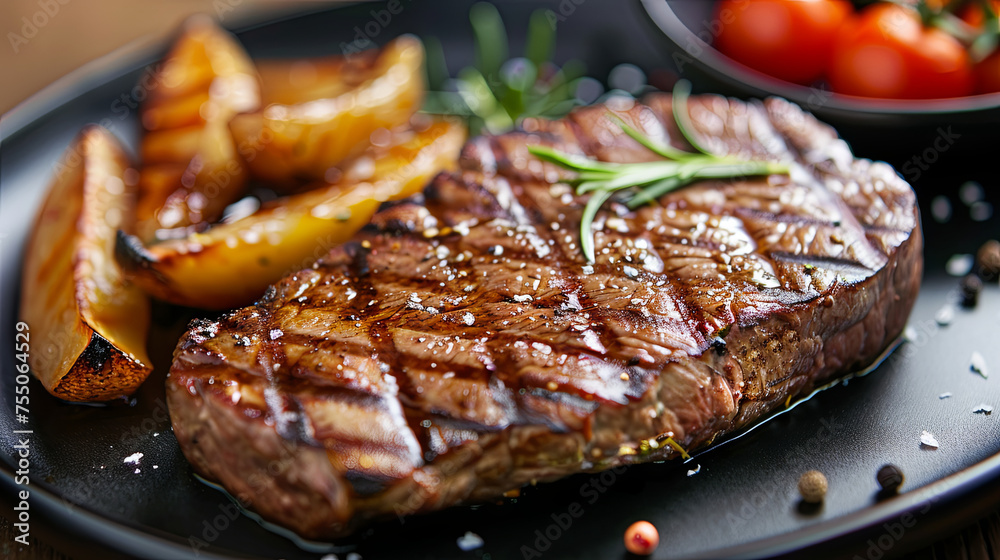 Juicy piece of grilled meat on a black plate with a beautiful presentation Juicy piece of grilled meat on a black plate with a beautiful presentation