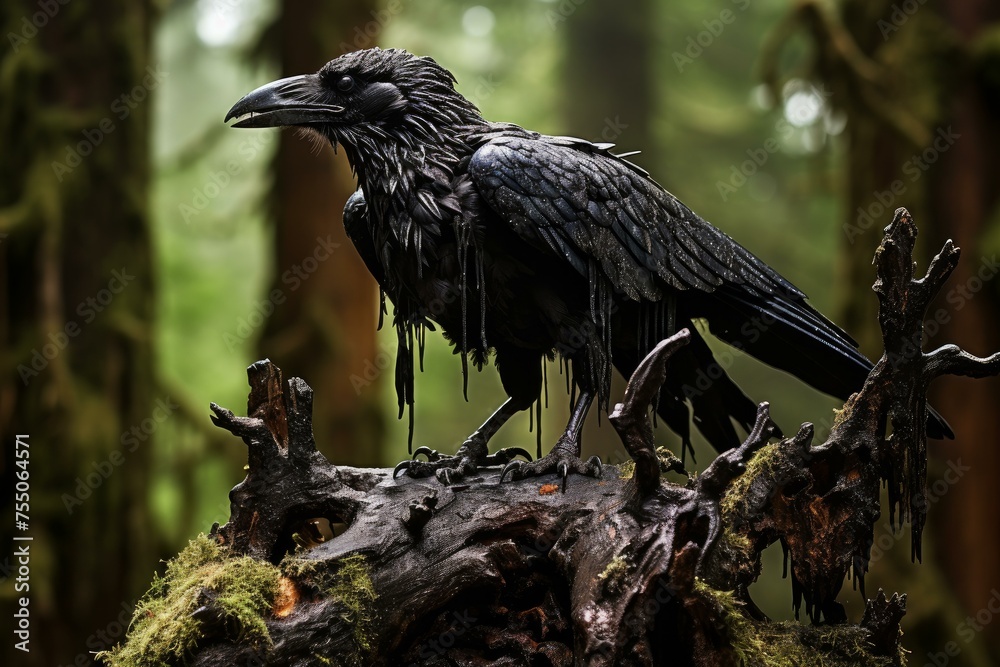 Fototapeta premium Eerie Raven on old stump. Nature avian fly beak forest. Generate Ai