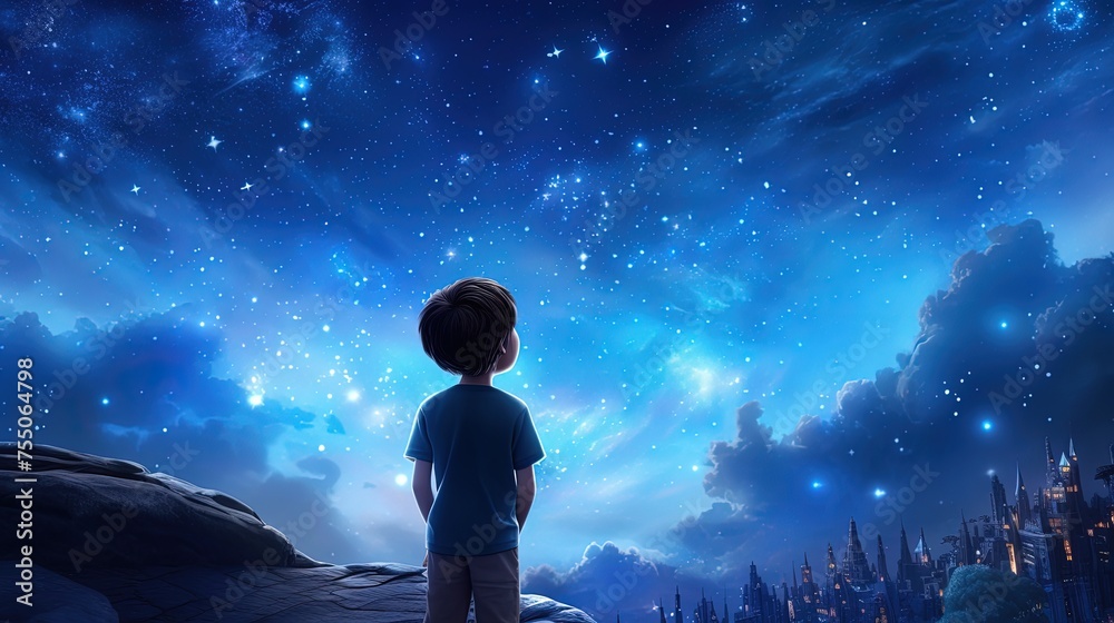 Kid dreaming of spaceflight on sky background