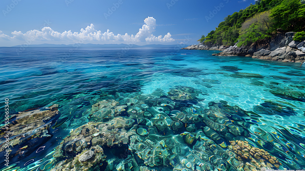 A photo of the Similan Islands, with crystal clear water and vibrant coral reefs as the background