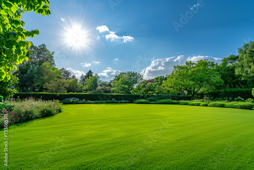 Perfectly mowed wide lawn under a clear blue sky