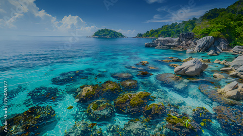 A photo of the Similan Islands  with crystal clear water and vibrant coral reefs as the background