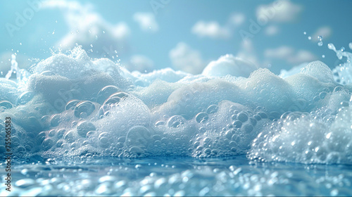 Bubbling azure waters environment scene. Close-up soap foam background.