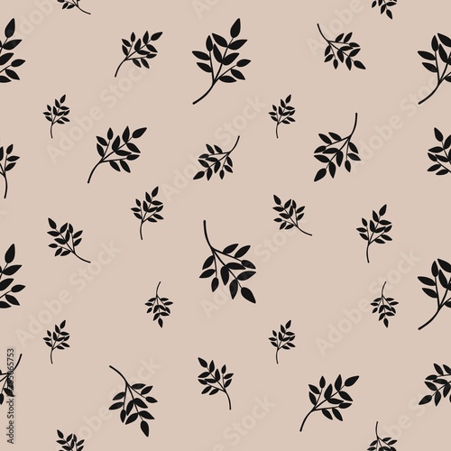 Botanical elegant elements seamless pattern on brown background, floral wallpaper