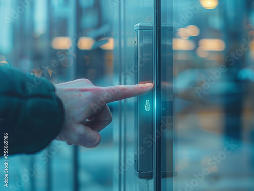 uomo di colore che utilizza uno scanner per sbloccare una porta a vetri in un edificio per uffici, primo piano dello scanner e della mano