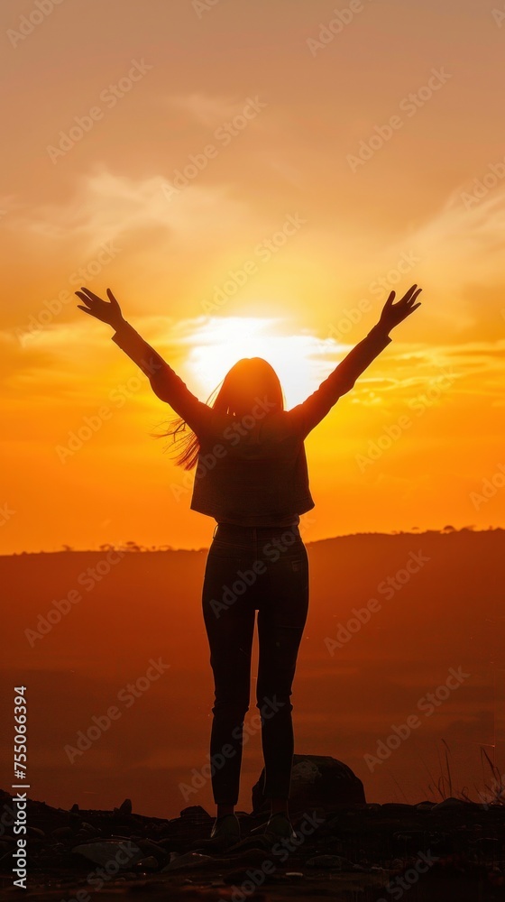 silhouette of a happy woman spreading her arms in the sky at sunset