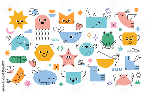Vector set of animal characters in cute playful geometric style. Colourful geometric shapes and design elements isolated on white background.