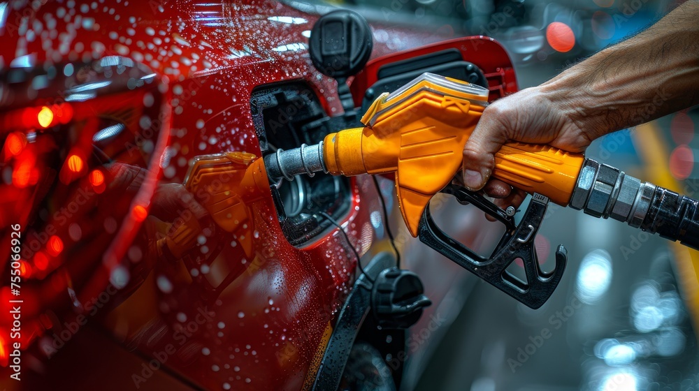a hand filling up car with gas - obrazy, fototapety, plakaty 