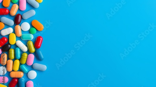 Colorful medication and pills on blue background with copy space