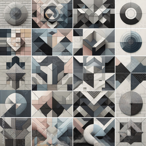 Abstract geometric ornament of various shapes inside a set of rectangles separated by white stitches.  AI generative. photo