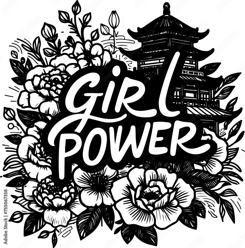 Girl power lettering black outline vector illustration.