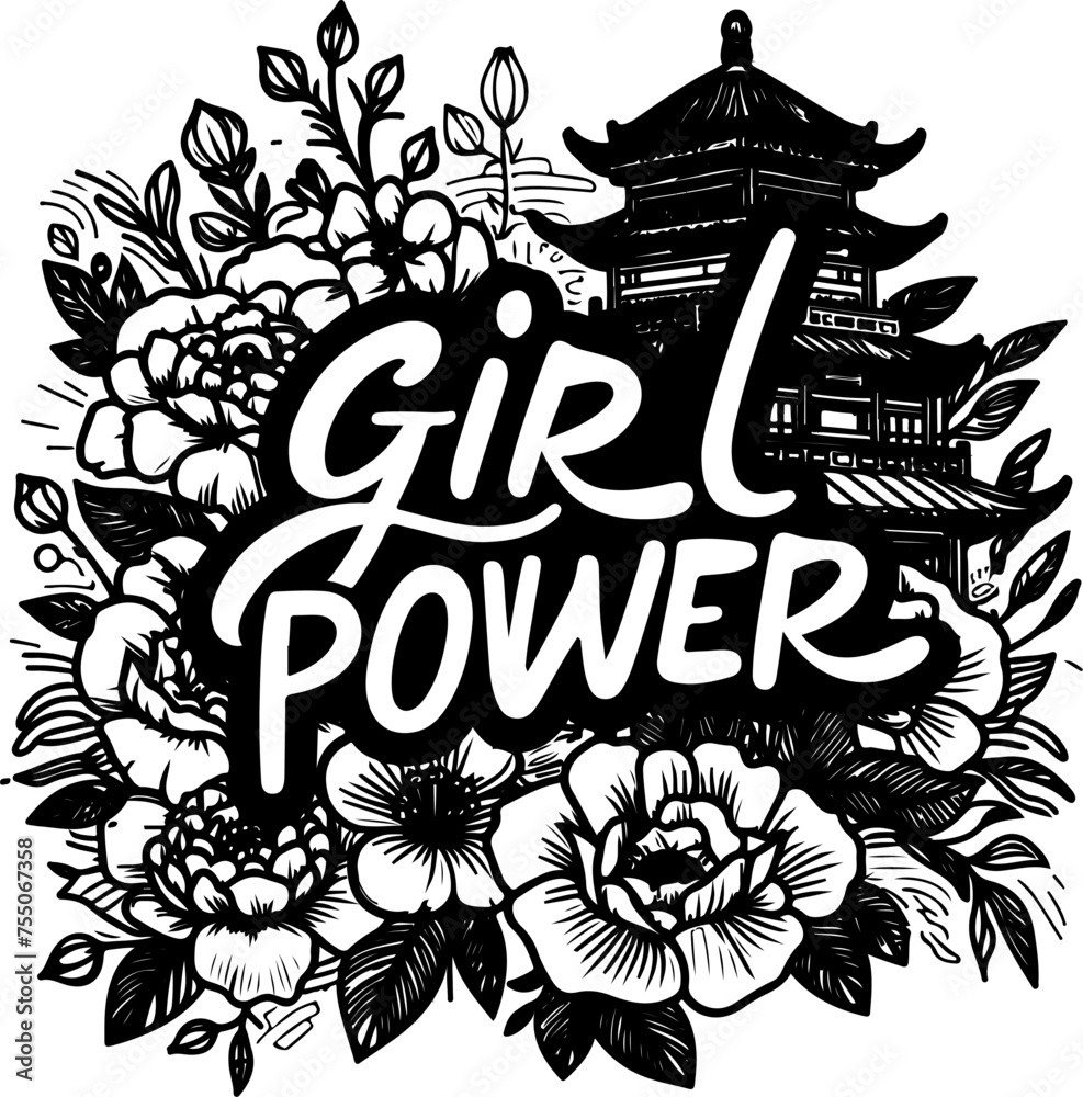 Fototapeta premium Girl power lettering black outline vector illustration.