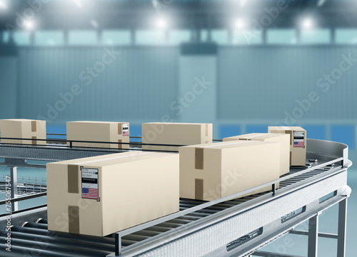 Factory conveyor. Boxes mov...