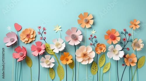 Paper spring flowers on pastel blue background . Abstract natural floral layout #755067569