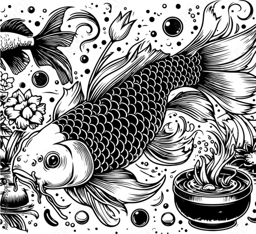 Koi fish black outline vector illustration.