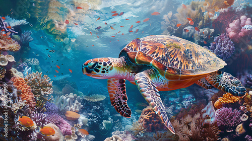 Serene sea turtle swimming gracefully © Asad