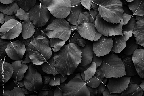 Black background. Background from autumn fallen leaves closeup. Black and white photo