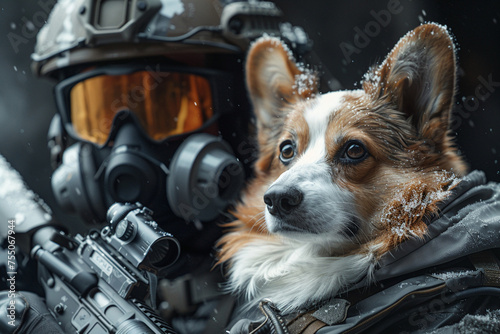 A SWAT team member with a Corgi dog by their side both equipped with high-tech glasses and weapons © ANNetz_PK