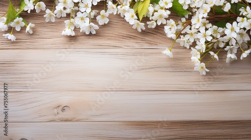 Wooden beige background with spring flowers and copy space