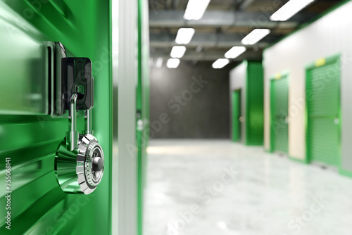 Warehouse units. Chamber for safekeeping of personal belongings. Lock hangs on closed warehouse unit. Code locker close up. Building interior with warehouse units. Art focus. 3d image