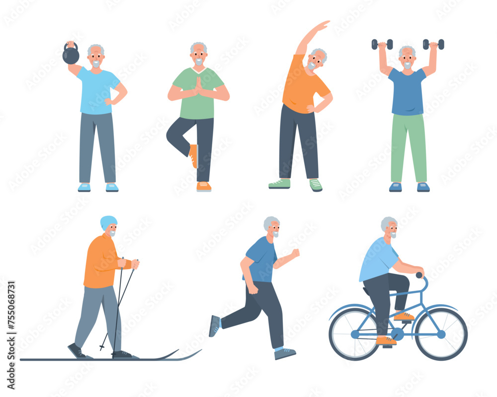 Set of Happy Elderly men doing sport exercises, yoga, skiing and riding bike. Senior man sport active healthy lifestyle concept. Vector cartoon or flat illustration.