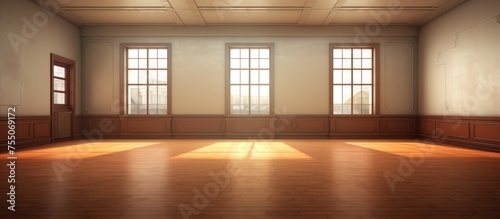 This image shows an empty room with wooden floors and windows. The room appears bare, with no furniture or decorations. The wooden floors gleam in the sunlight streaming through the windows,