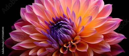 A closeup shot showcasing a vibrant pink and orange flower against a dark black background. The plant belongs to the daisy family and is an annual herbaceous plant