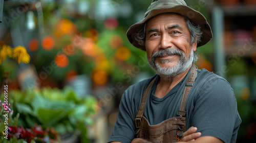 Portrait male gardener in greenhouse.