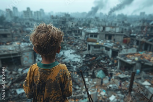With their back to the camera, a child witnesses the devastation of a city torn apart by war and bombs, the desolation of the scene underscoring the toll of violence on the most vulnerable
