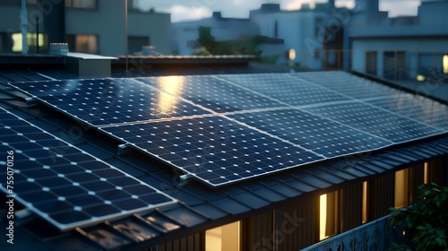 Solar panels are installed on the roof of a residential building. 3d rendering