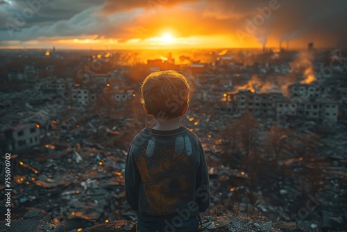 Seen from behind, a child surveys the wreckage of a city destroyed by war and bombs, their innocent presence amidst the devastation a powerful reminder of the human cost of conflict photo