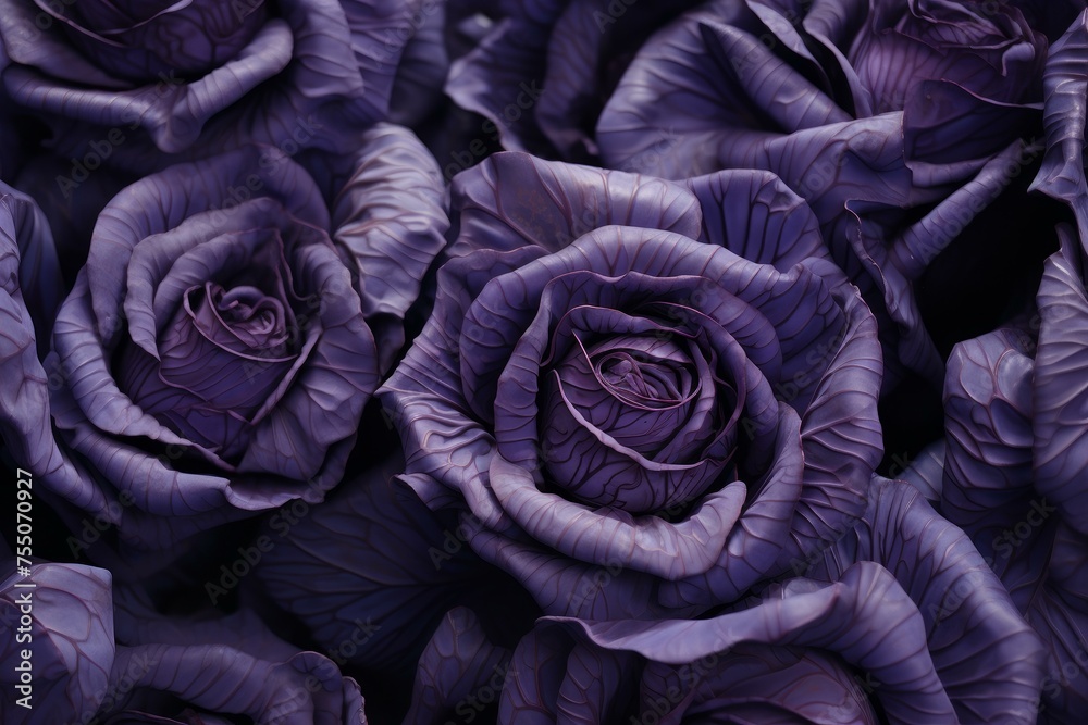 Fototapeta premium Fresh Red cabbage closeup. Colored and layered large vegetable falls water. Generate AI