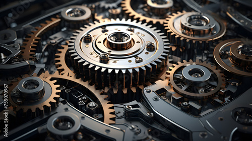 a scene showing many gears being put together, in the style of realistic lighting, textured backgrounds, hyperrealistic compositions, ray tracing, dark silver, uhd image, mixes realistic and fantastic