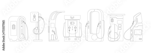 Car Charger Station Outline Vector Icons Set. Plug Symbol, Electric Vehicle Silhouette, Charging Cable, Power Outlet