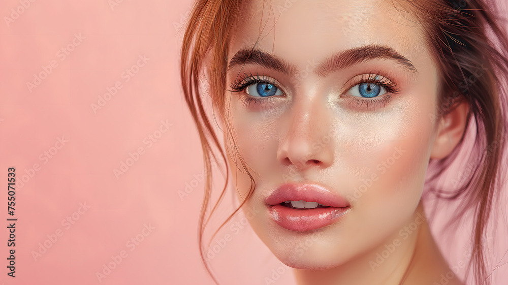 Radiant Young Woman with a Mesmerizing Gaze on a Pink Background Radiant Young Woman with a Mesmerizing Gaze on a Pink Background