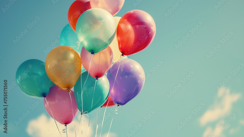 A colorful bouquet of balloons floating against a clear blue sky, their cheerful hues and playful patterns adding a festive touch to the birthday celebration as they sway in the gentle breeze. A colorful bouquet of balloons floating against a clear blue sky, their cheerful hues and playful patterns adding a festive touch to the birthday celebration as they sway in the gentle breeze.
