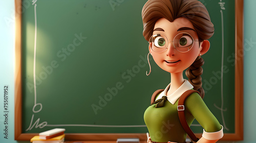 Female teacher illustration standing next to empty green class board for design Teacher s day post