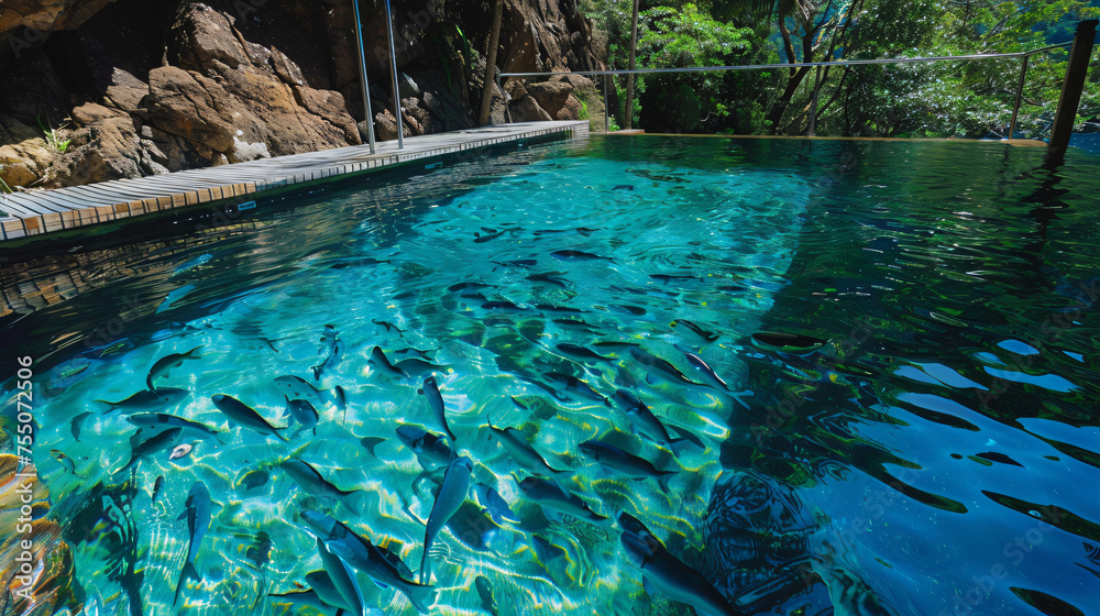 Pool with several blue fishes