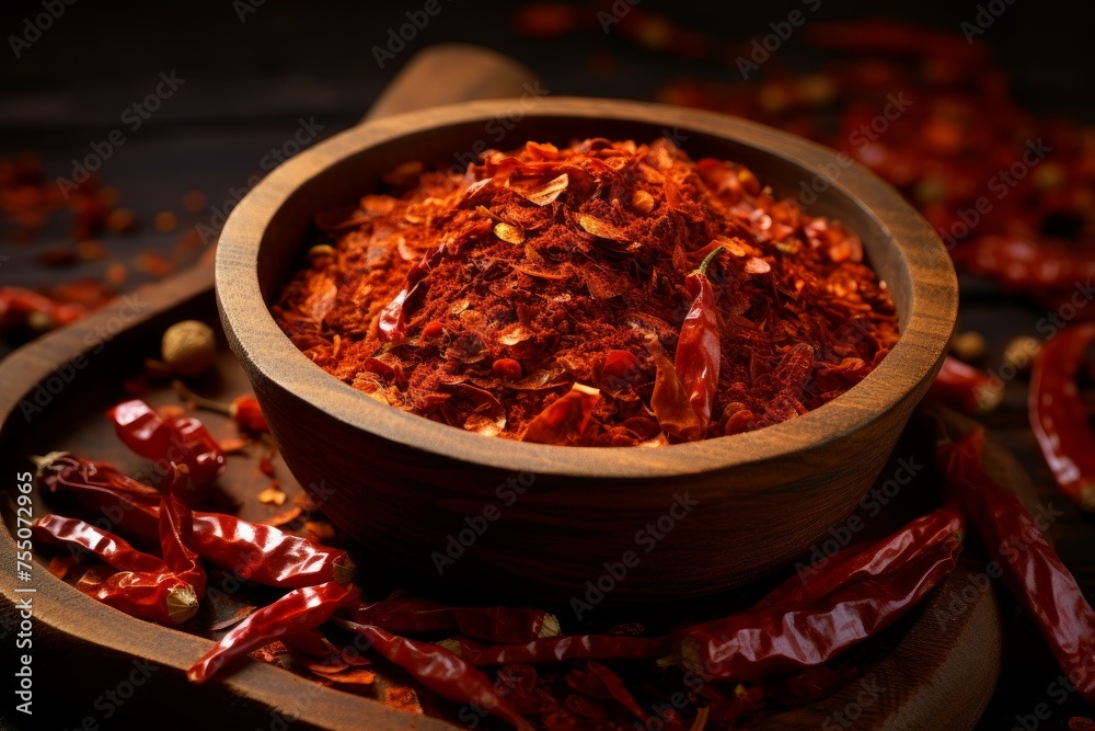 Fiery Red chili flakes. Powder dry pile. Generate Ai Fiery Red chili flakes. Powder dry pile. Generate Ai