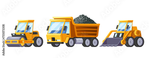 Heavy Construction Cars. Cartoon Vector Tip Truck Hauls And Unloads Materials Like Gravel. Roller Compacts Road Surfaces