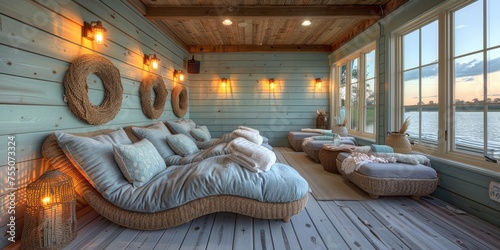 Beautiful interior view of a room at Coastal retreat. photo