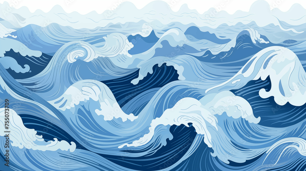 Fototapeta Blue and White Wave Drawing. Generative AI