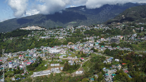 Aerial view of tawang town in arunachal pradesh in India. Landscape mountains of himalayas of arunachal pradesh.