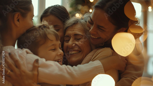 A joyful family sharing a group hug in celebration of a loved one's birthday, their smiles radiating happiness and love as they come together to mark the special occasion with warmth and affection. photo