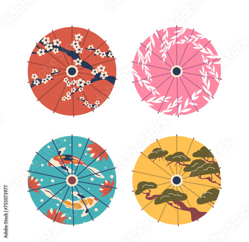 Circular, Elegant Japanese Umbrellas Adorned With Traditional Patterns, Top View . Harmonious Asian l Designs © Pavlo Syvak
