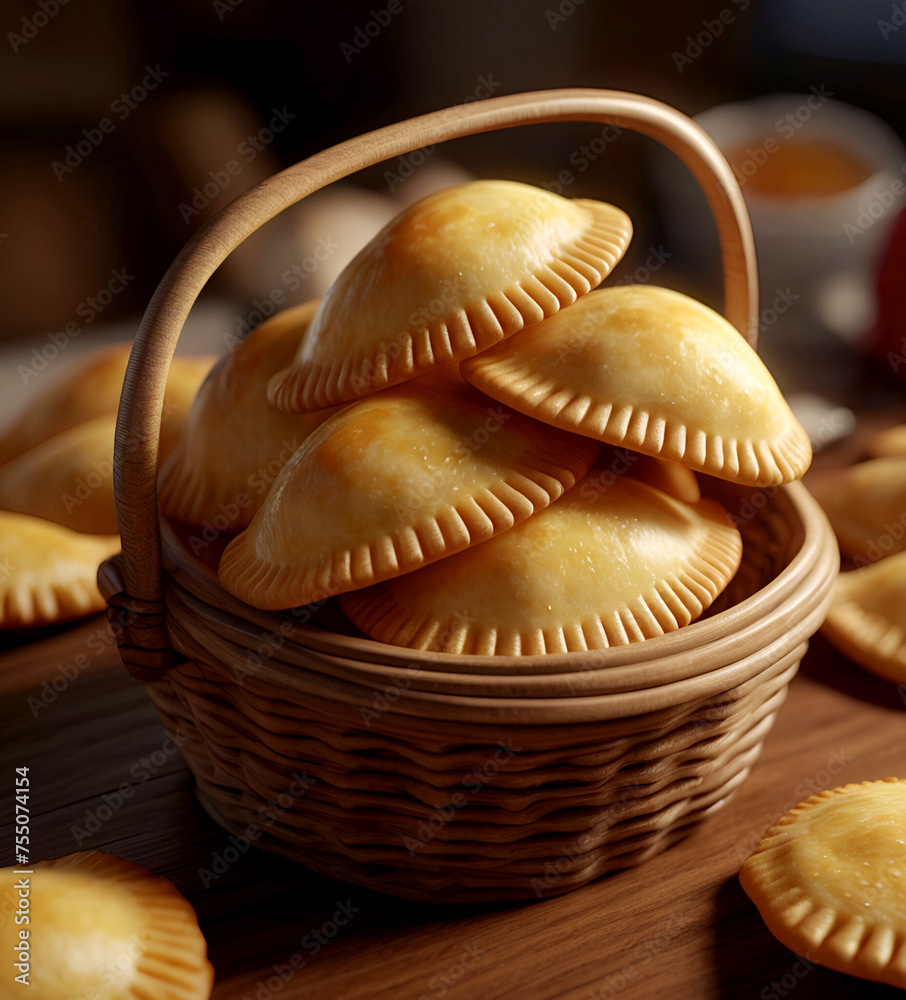 Homemade freshly baked Empanada with cheese inside a basket on wooden background.